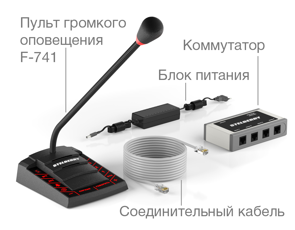 Комплект 4-зонного громкого оповещения на 120 Ватт STELBERRY F-741