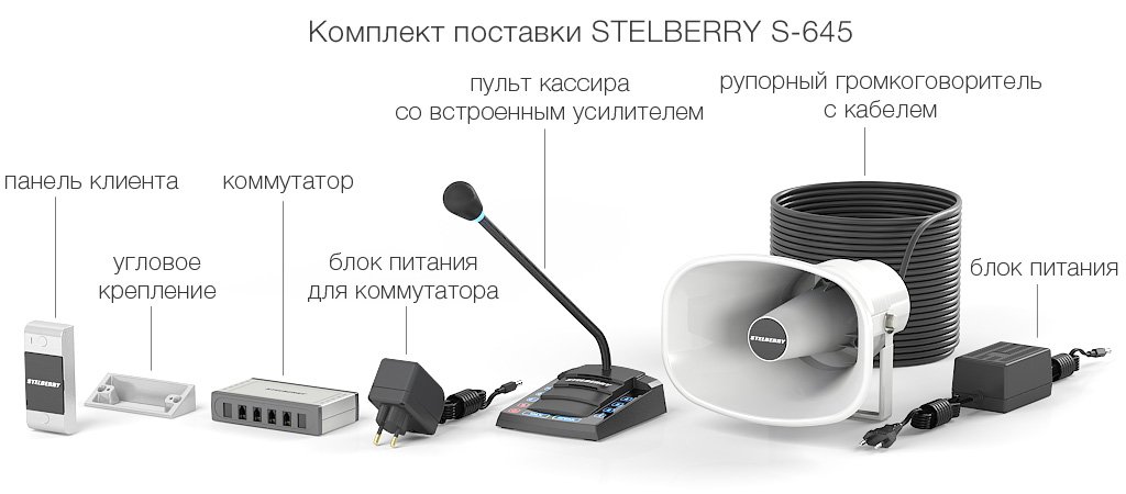 комплект поставки многоканального переговорного устройства клиент-кассир для АЗС с системой громкого оповещения